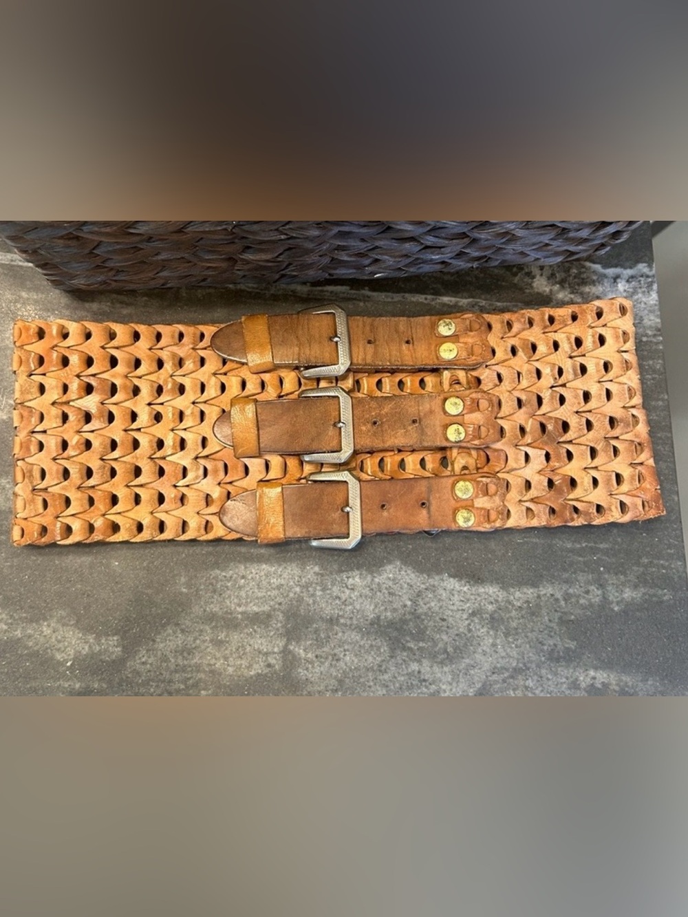 Free People Collection Wide , Woven Link, Triple Buckle Corset Belt in Cognac